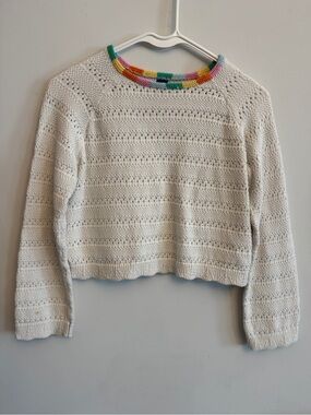 Old Navy White Crochet Crewneck Sweater with Multicolor Neck Trim